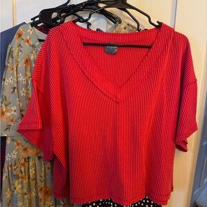 ARULA Red Ribbed V-Neck Crop Top